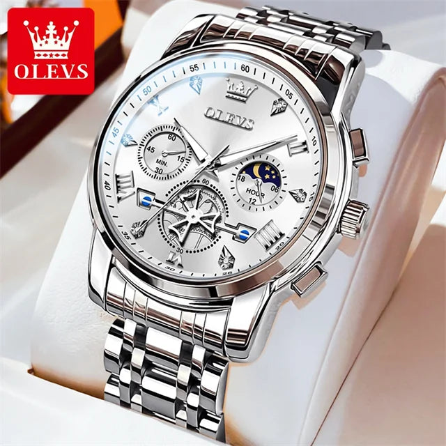 OLEVS 2856 New Men's Watches Luxury Classic Flywheel Design Waterproof Chronograph Moon Phase 24 Hour Quartz Wrist Watch for Men