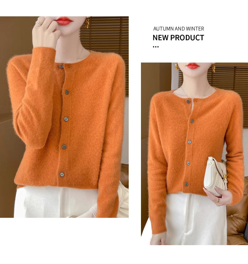100% Merino Wool Long Sleeve Sweaters Cashmere Cardigan Spring Autumn Women O-Neck Knitwear Tops Clothing Fashion Basic Tops