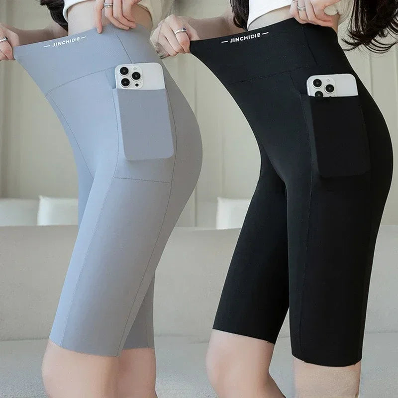Tamanho grande leggings feminino esportes shorts de tubarão com bolso elástico cintura alta hip elevador treino correndo de secagem rápida calções de ginásio