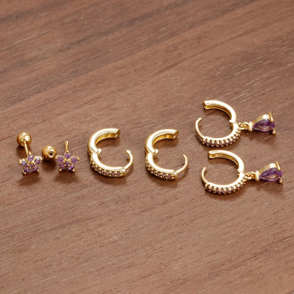 6PCS Cubic Zirconia Stainless Steel 14K Gold Plated Water Drop Earrings Five-Petaled Flowers ear stud For Women Set Jewelry Gift