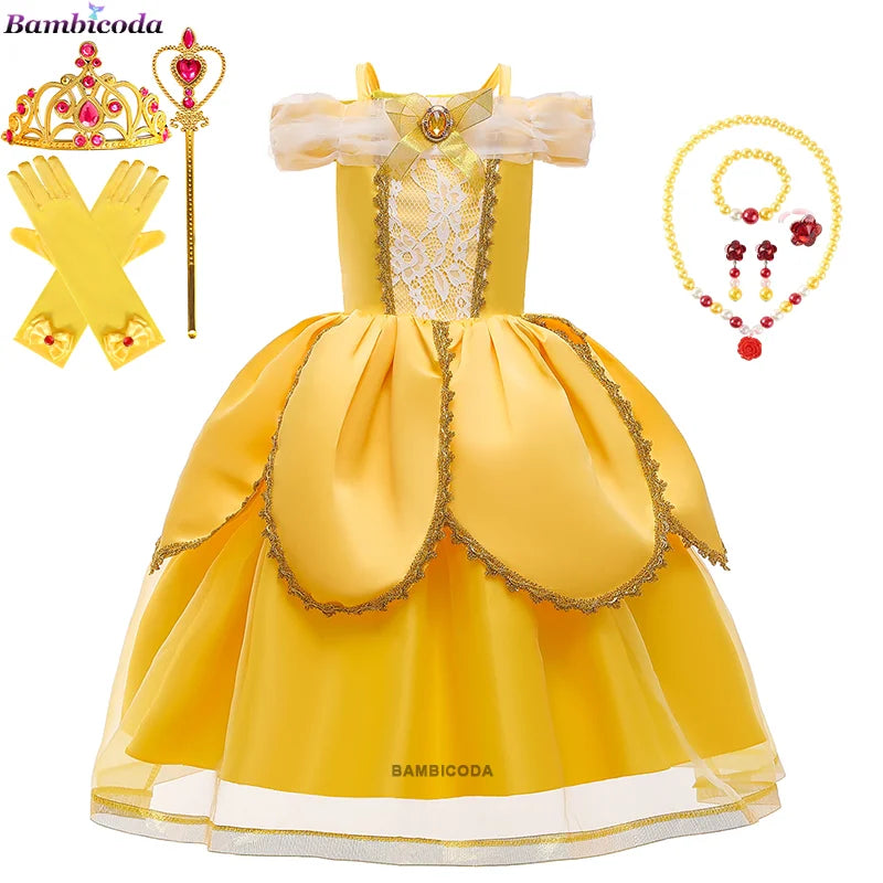 2025 Cosplay Belle Princess Dress Girls Dresses For Beauty and beast Party Clothing Magic stick crown Costume 3-12Y
