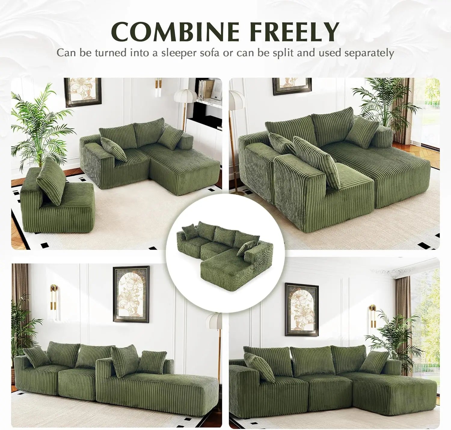 118" Compressed Sofa for Living Room L Shaped Boneless Couch, Modular Sectional Sofa, Sofa Bed Memory Foam Couches with Chaise