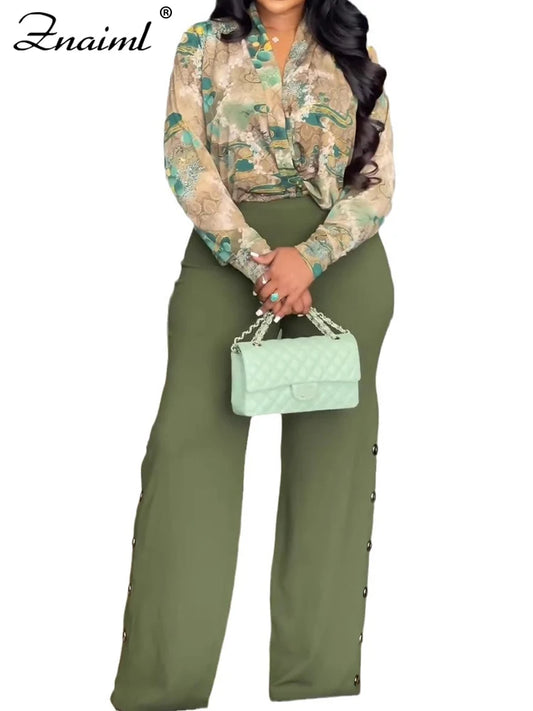 Conjunto de dos piezas de Znaiml para mujer, elegante conjunto de pantalón y camisa de manga larga con estampado y pantalón ancho, ropa de calle de otoño, conjunto de 2 piezas, trajes OL de 2 piezas, nuevo