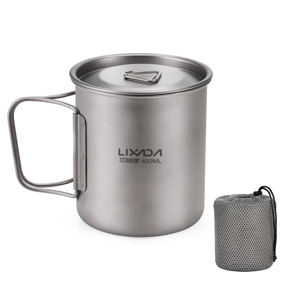 Taza de agua ultraligera de titanio Lixada con asa plegable, portátil para exteriores, camping, picnic, 300 ml/350 ml/550 ml/650 ml