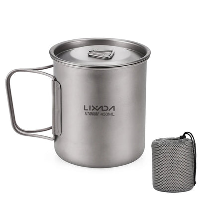 Taza de agua ultraligera de titanio Lixada con asa plegable, portátil para exteriores, camping, picnic, 300 ml/350 ml/550 ml/650 ml