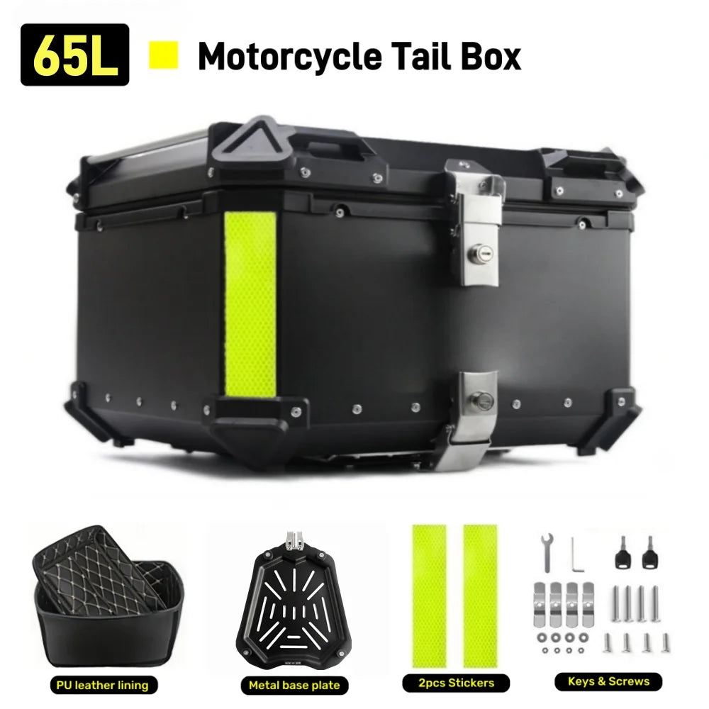 65/55/45L Aluminum Silvery Motorcycle Top Box Waterproof Rear Luggage Case Motorbike Trunk Tail Helmet Box Quick Release Toolbox