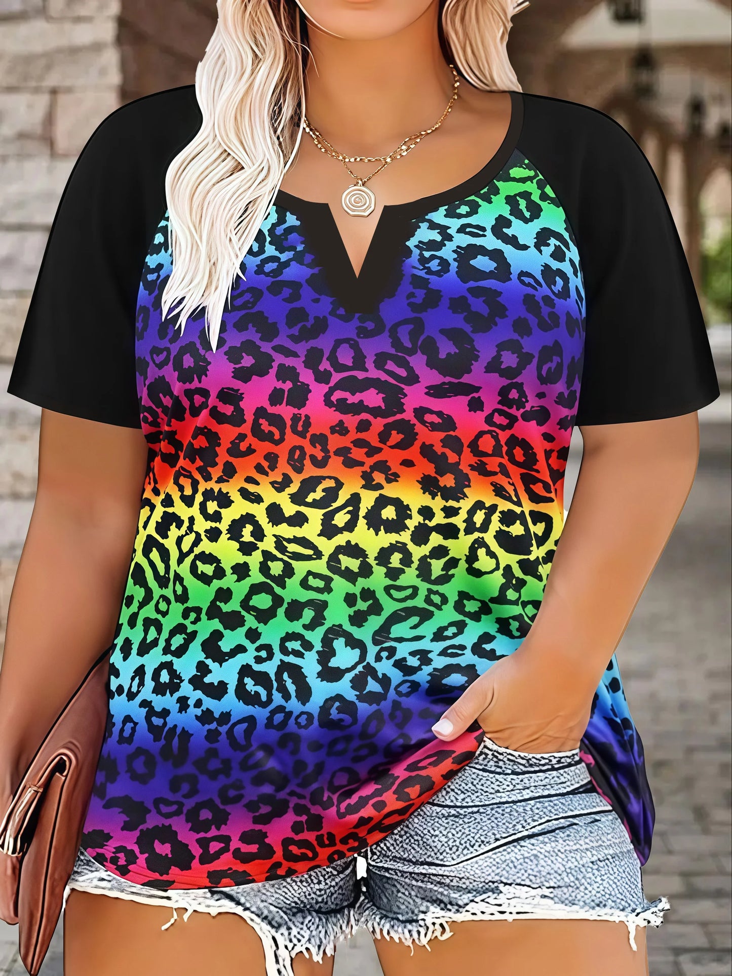 Camiseta feminina casual plus size com estampa floral de leopardo e manga curta |   Top de verão grande