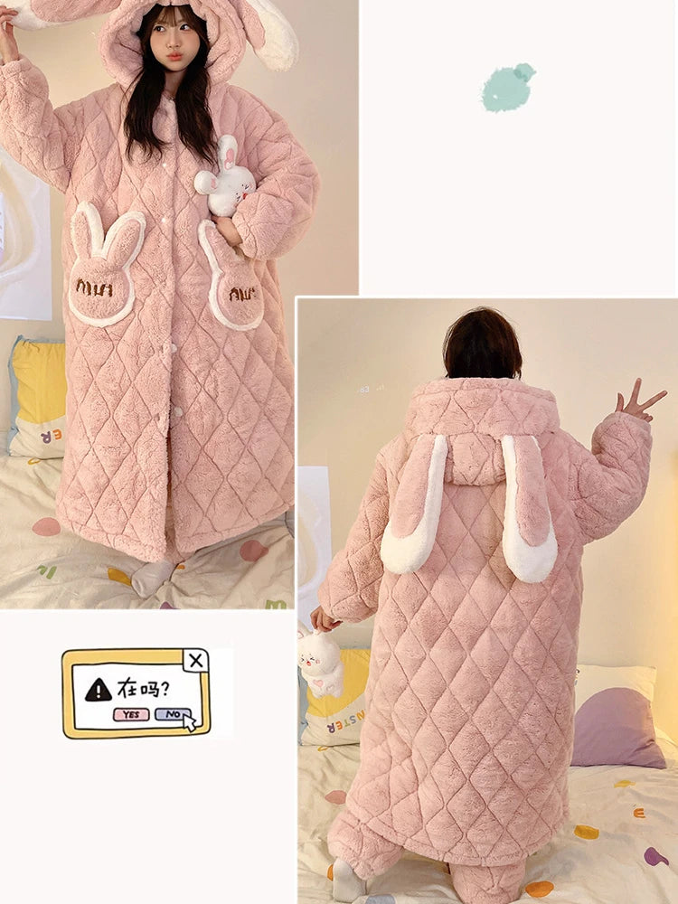 Plus Size Cartoon Coral Fleece Nightgown Pants Two Piece Sets for Women Winter Flannel Thicken Kawaii Bunny Hooded Pajamas Suit