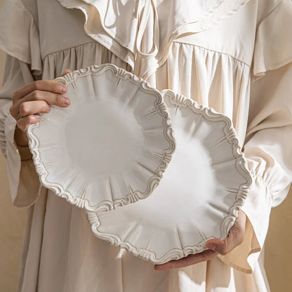 Elegant Classical Plate French Retro Ceramic Dishes Home Plate Rice Bowl Party Tableware Set White Lace Embossed Dinner Plate