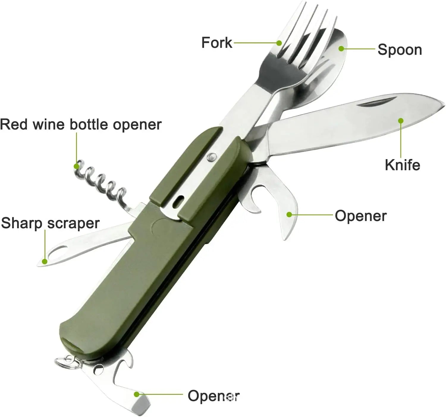 Vajilla multifuncional 7 en 1 para exteriores, herramientas de supervivencia, tenedor plegable de acero inoxidable, cuchara, cuchillo, vajilla para Picnic y acampada