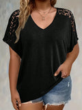 A new plous-size women's T-shirt with loose, perforated lace and solid V-neck short sleeves