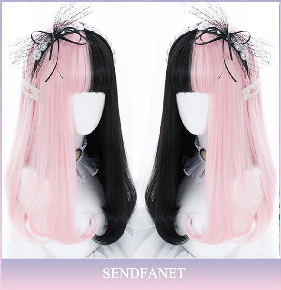 AS Long Straight Black Synthetic Wig For Women With Bangs Black Cosplay Lolita Wigs Heat Resistant Natural Hair