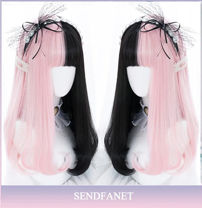 AS Long Straight Black Synthetic Wig For Woman With Bangs black Cosplay Lolita Wigs Heat Resistant Natural Hair