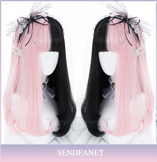 AS Long Straight Black Synthetic Wig For Women With Bangs Black Cosplay Lolita Wigs Heat Resistant Natural Hair