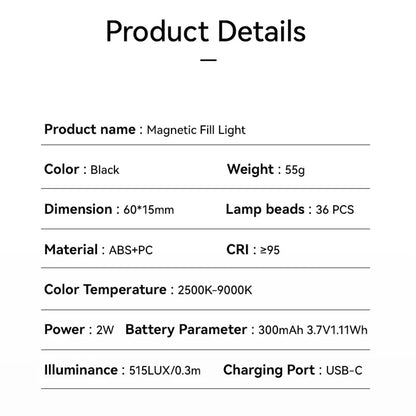 Anillo de luz magnético para selfies, luz de relleno magnética para smartphone, mini luz de bolsillo para selfies para iPhone, XIAOMI, HUAWEI y SAMSUNG (2500K-9000K)