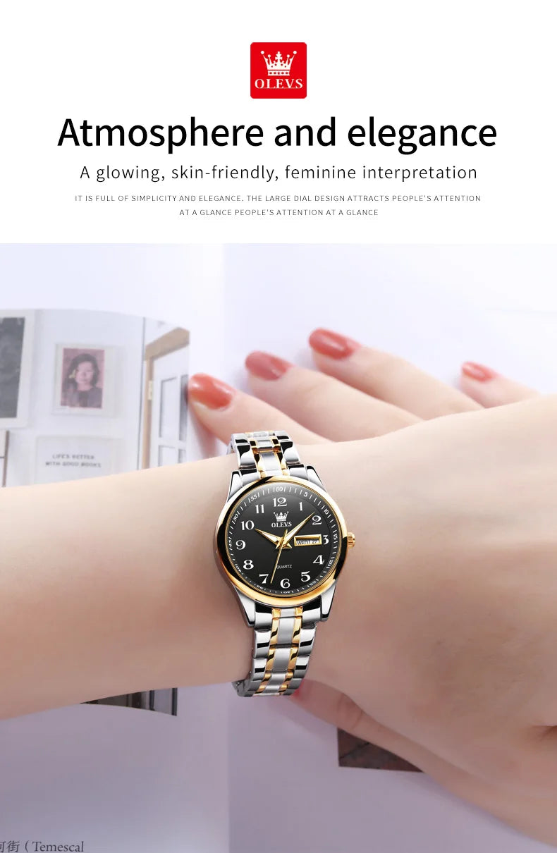 Relogio feminino de luxo bicolor aço inoxidavel e calendario duplo