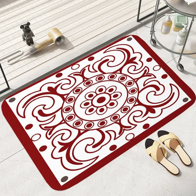Tapete de chão com padrão vermelho e branco, quarto, banheiro, absorvente, decoração de casa, sala de estar, entrada