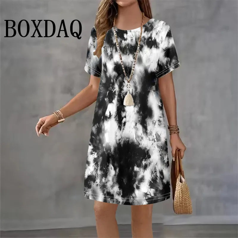 Tie Dye Abstract Print Dresses For Women 2025 Summer Dress Plus Size Casual Short Sleeve Loose Mini Dress 9XL Big Size Clothing