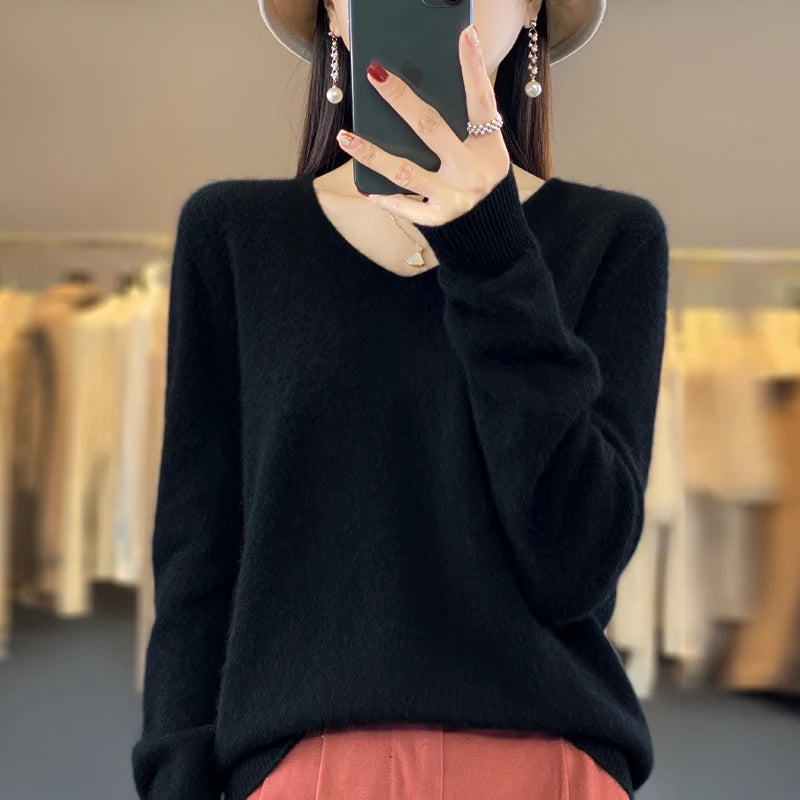 Suéter básico de otoño-invierno 2024 para mujer, 100 % lana merino, cuello en V, tejido de punto liso, jersey de oficina para mujer, manga larga, cachemir.