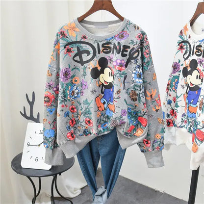 Women Mickey Mouse Print Long Sleeve Sweatshirt Korean Style Cartoon Hoodies Harajuku Casual Tops Autumn Spring Clothes New 