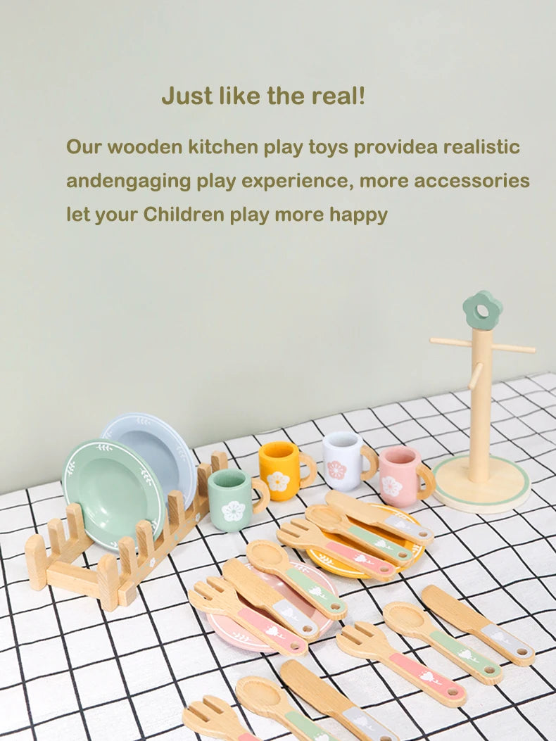 Juego de cocina de madera Montessori con platos y accesorios, ideal como regalo para niños pequeños a partir de 3 años.