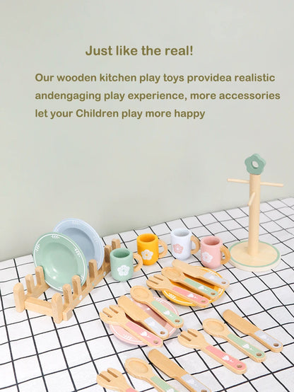 Juego de cocina de madera Montessori con platos y accesorios, ideal como regalo para niños pequeños a partir de 3 años.