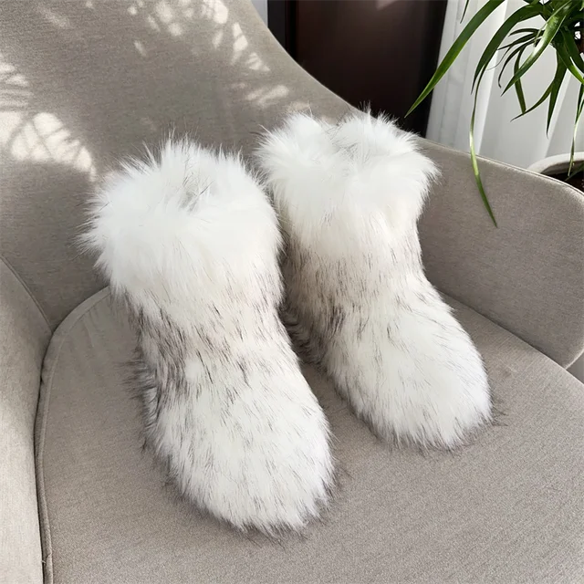 Botas de nieve de mapache para mujer, zapatos de media caña para exteriores, nuevas botas de invierno de una pieza 