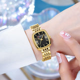 Relógio feminino quadrado dourado em aço inoxidável com calendário