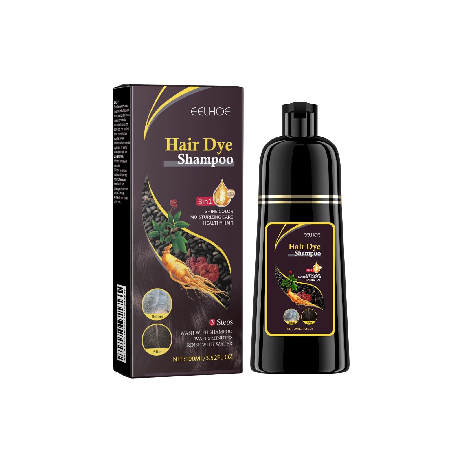 Shampoo EELHOE 3 em 1 para Tingir Cabelos de Preto: Crescimento, Limpeza, Escurecimento e Nutrição Profunda – Fórmula Natural, Orgânica e à Base de Ervas