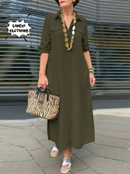 2024 primavera/verão moda feminina novo elegante plus size manga comprida botão elegante vestido de algodão linho único breasted robe