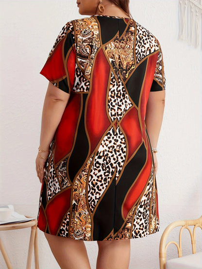 Plus Size Leopard Print Loose Dress, Casual Short Sleeve Dress For Spring & Summer, Women's Plus Size Clothing