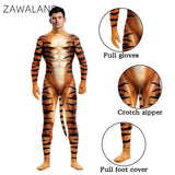 Zawaland Tiger Leopard Cheetah Petsuit for Men Animal Disguise Costume Crotch Zipper Zentai Halloween Carnival Full Bodysuits