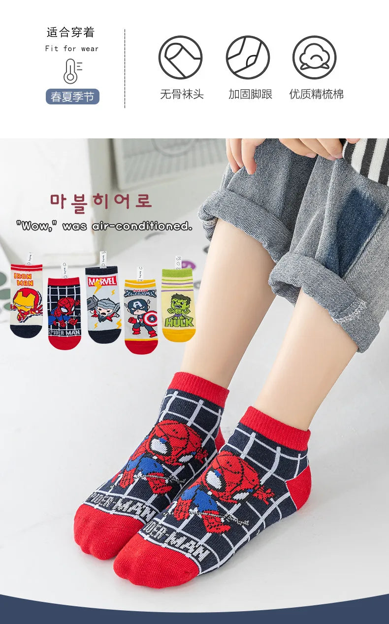 5 Pairs Marvel Kids Socks Kawaii 2024 New Fall Winter Cartoon Boy Children Short Socks Cotton Sock for Boys Gifts