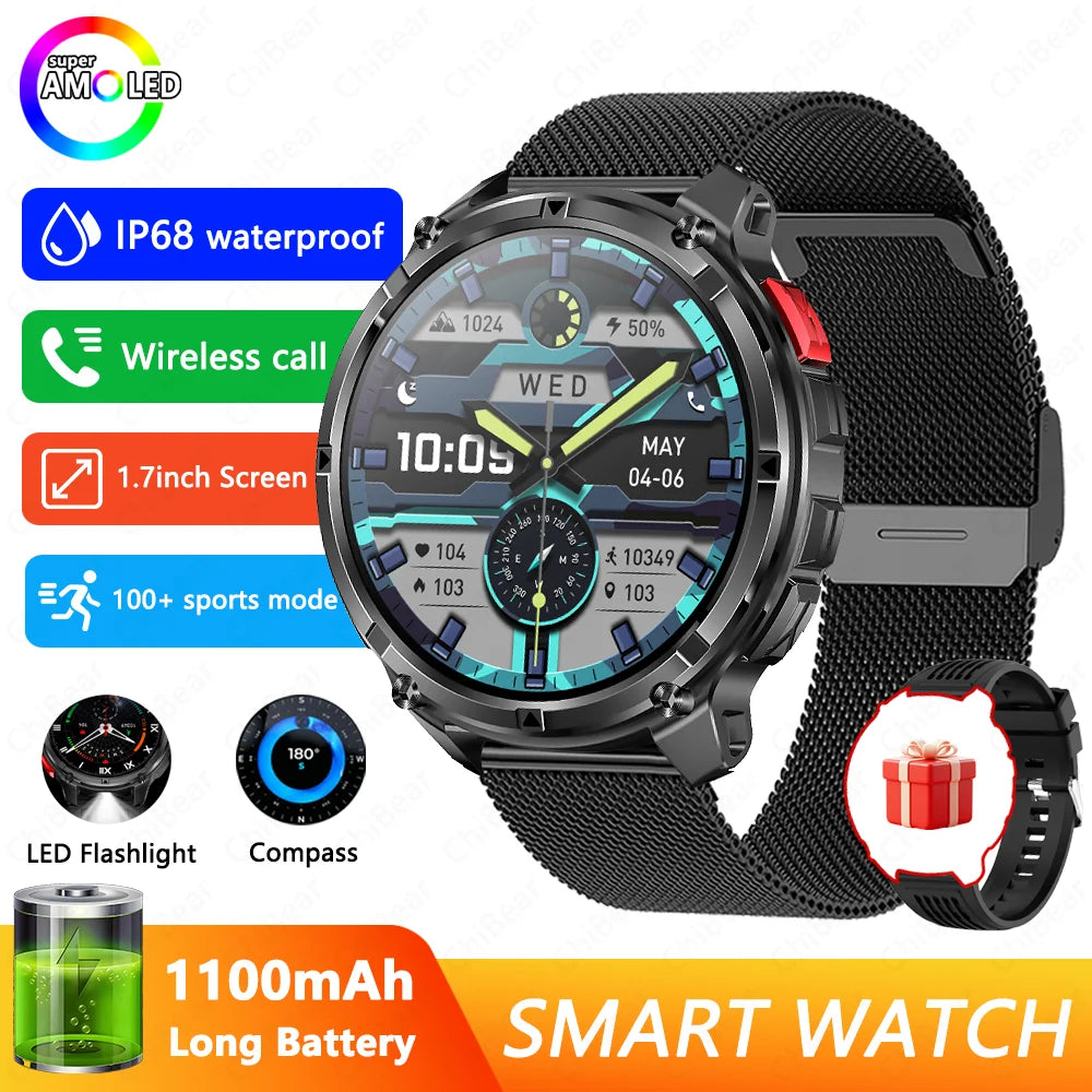 Novo Smartwatch T-Rex3 Pro 2026 – Bateria de 1100mAh, GPS com rastreamento de rota, Resistência à água 5ATM, Monitoramento de esportes e corrida, Bússola, Estilo militar