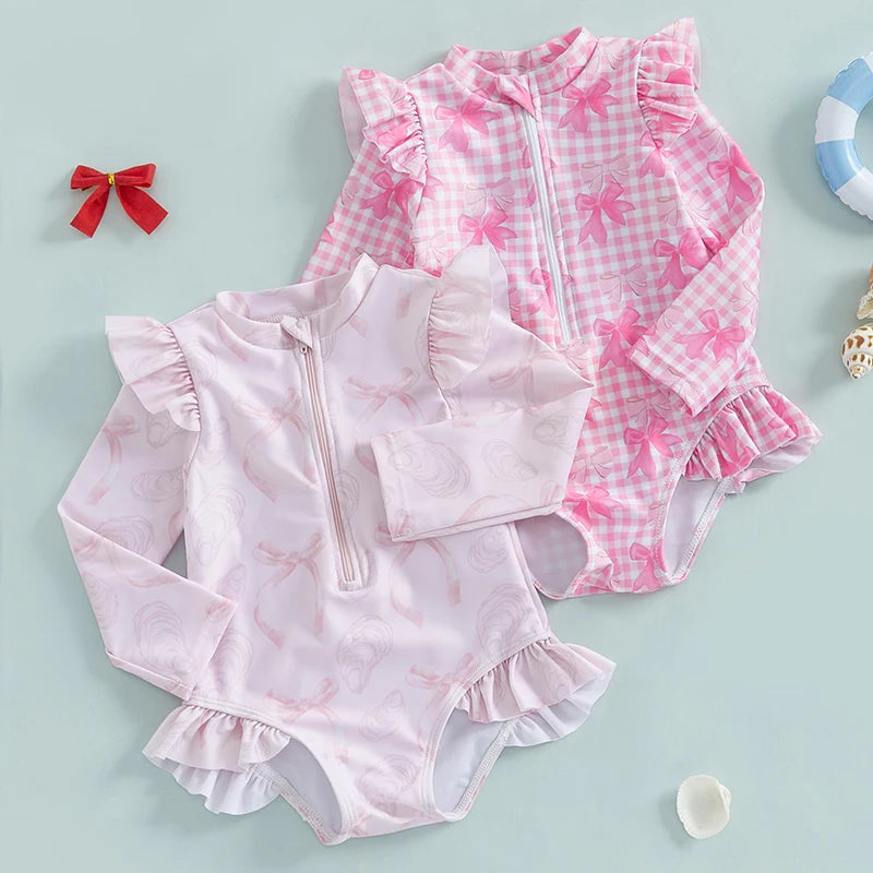 Traje de baño de verano para niñas pequeñas, estampado floral, sin espalda, con volantes, manga larga, ropa de playa para niñas de 0 a 4 años