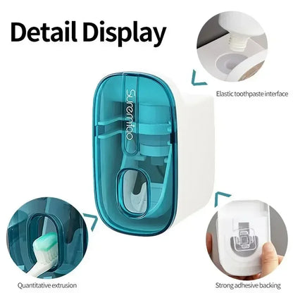 1 dispensador de pasta de dientes, accesorio de baño, exprimidor de pasta de dientes de pared, soporte para cepillo de dientes.