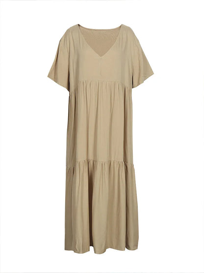 Plus Size 2025 Summer New V-neck Short Sleeve Pleated Solid Colour Loose Casual Midi Dress Basic Hem Pleated
