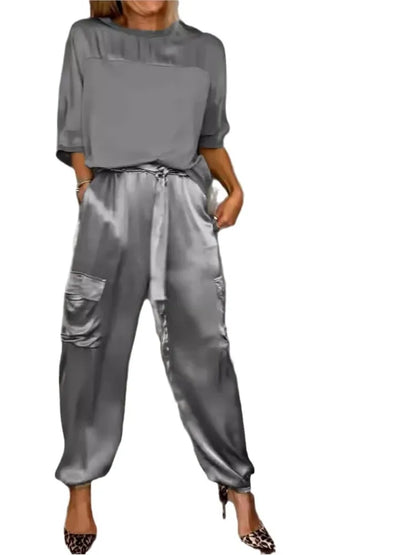 Conjunto de dos piezas de satén de color liso para mujer, moda de primavera y verano, nuevo conjunto de dos piezas con cuello redondo, manga larga, pantalones largos, informal y holgado.