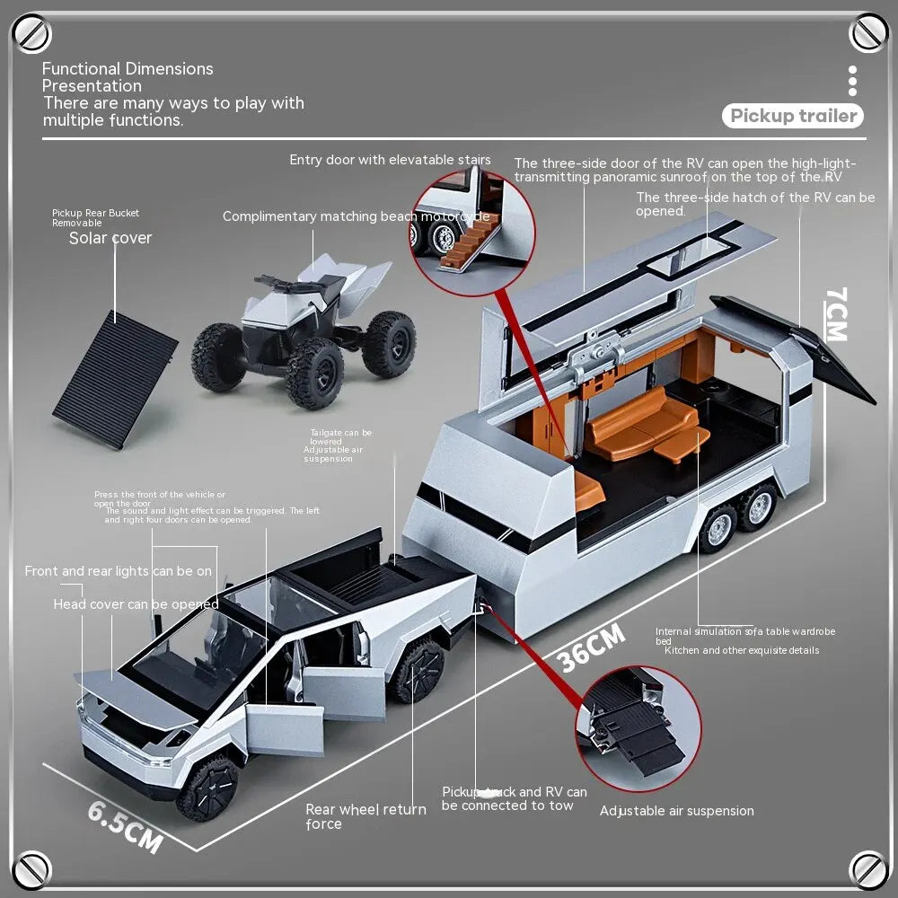 Camiones de juguete para niños, modelo Cybertruck, camioneta plateada, de metal fundido a presión, con sonido y luz, a partir de 3 años, escala 1:32.