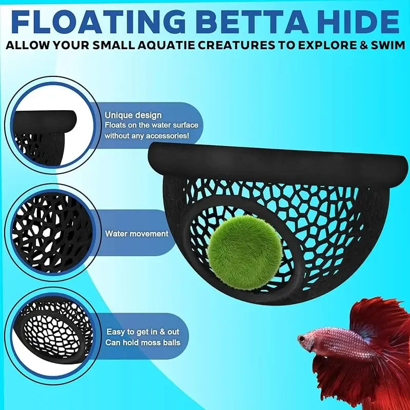 Aqaurium Floating Cave Fish Shrimp Hideout Shelter 3-in-1 Hammock Feeding Ring & Resting Spot for Betta Small Aquatic Pets
