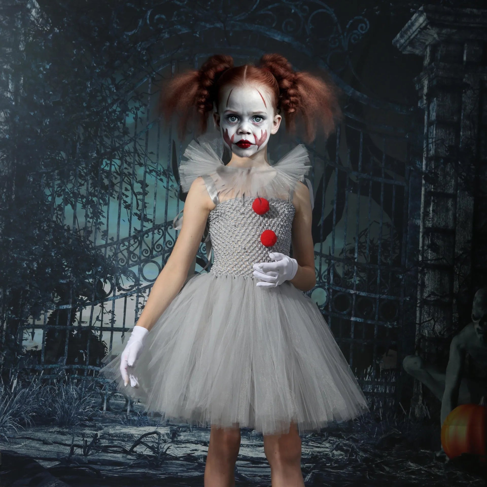 Fantasia Infantil de Palhaço Pennywise Assustador para Meninas – Vestido de Tule com Babados e Sem Mangas, Inclui Acessórios Completos – Ideal para Festas de Aniversário, Bailes de Máscaras e Halloween