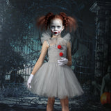 Fantasia Infantil de Palhaço Pennywise Assustador para Meninas – Vestido de Tule com Babados e Sem Mangas, Inclui Acessórios Completos – Ideal para Festas de Aniversário, Bailes de Máscaras e Halloween