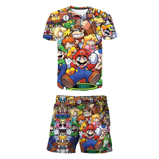 Summer Anime Super Mario Fashion Cute Boy 3D Top T-shirt+Shorts Two-Piece Set Mario Girl and Boy Top Short Sleeved Shorts