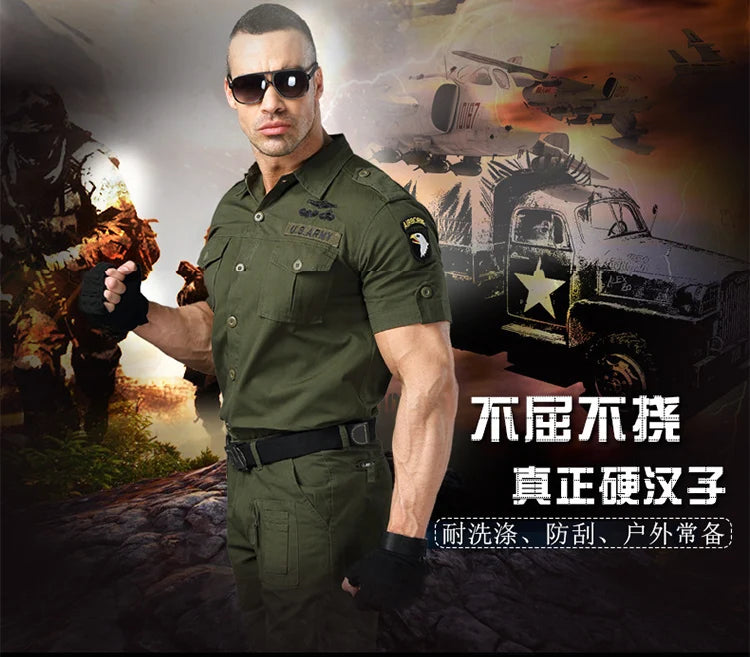 Short Sleeved Shirts Men Tactical T-shirt Spring Summer Workwear Cotton Vintage Shirt  Army Embroidery Pocket Cargo Tees