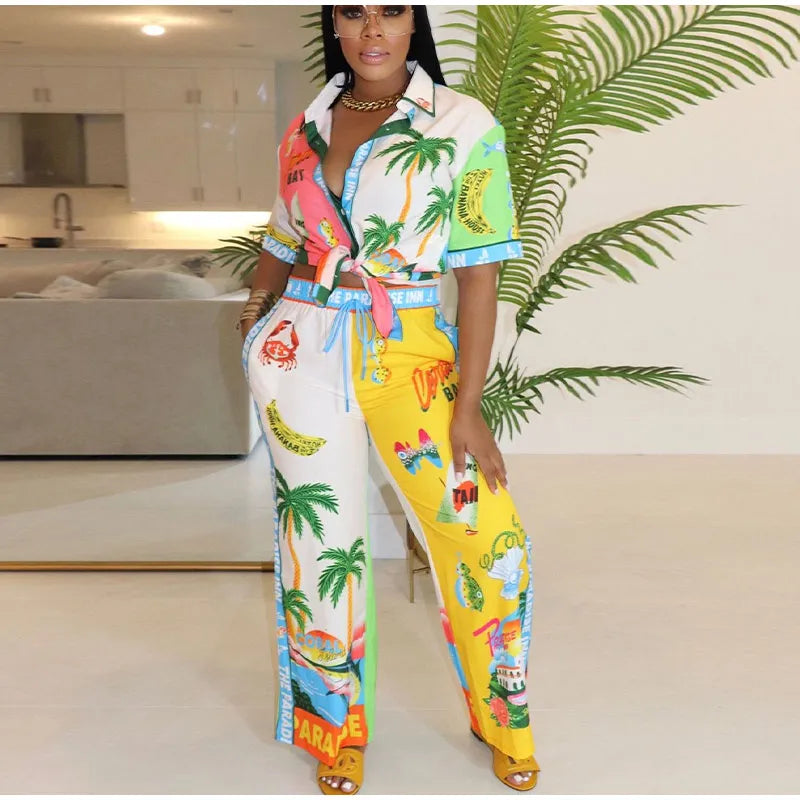 Printed Color Blocked Pant Set for Women, Single Breasted Short Sleeved Shirt and Wide Leg Pants, 2 Piece Set, Lady Casual Suit