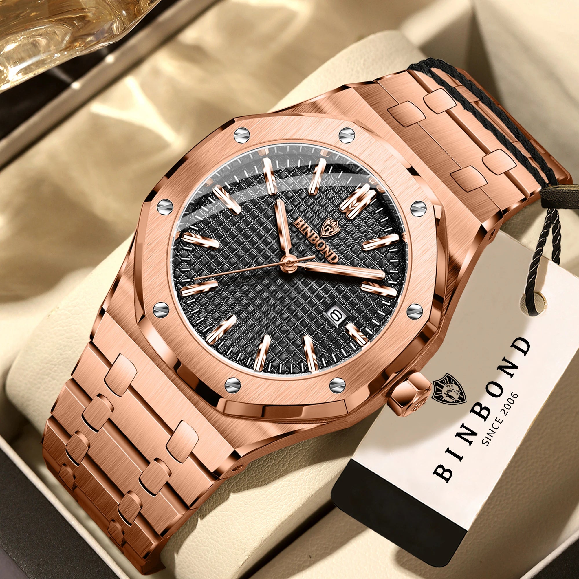 BINBOND Sturdy Stainless Steel Strap Quartz Wristwatches for Men Luxury Luminous Waterproof Auto Date Accurate Men's Watch Reloj