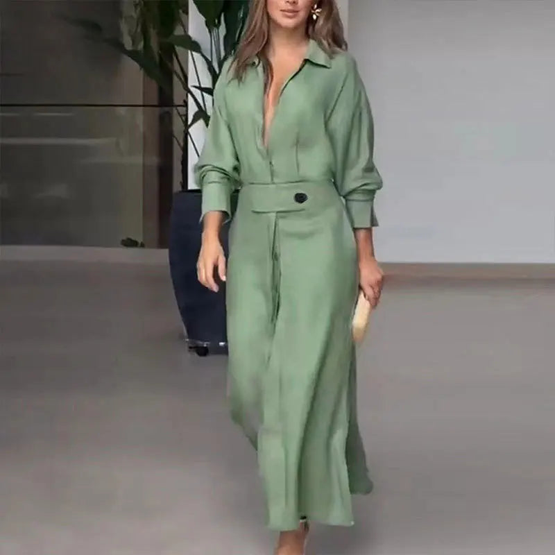 Women Dress 2025 Autumn New Fashion Elegant Long Sleeve Leisure Time Solid Color V Neck Sexy Ladies Shirt Dresses MsChuh S-3XL
