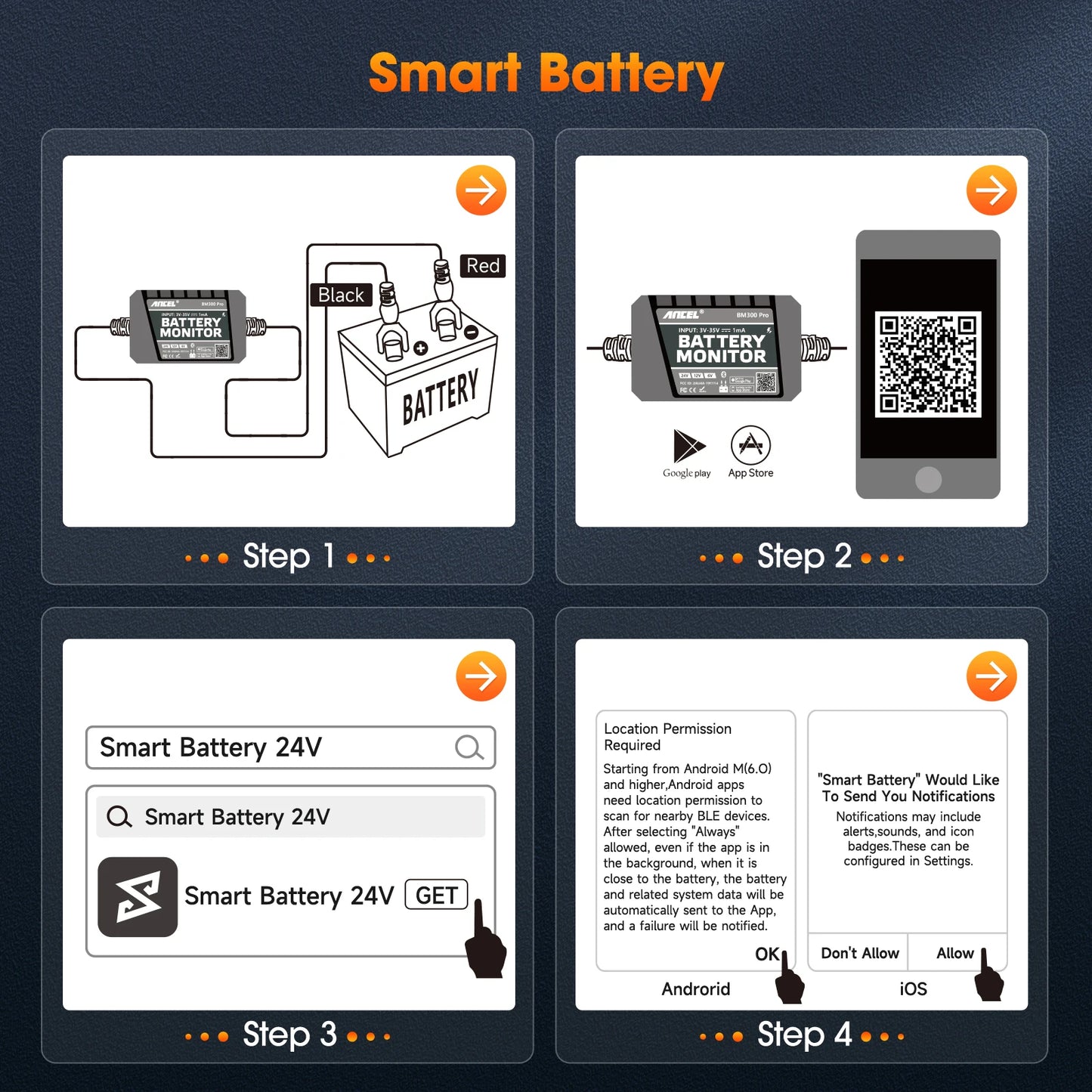 2024 New ANCEL BM300 Pro 6V/24V/12V Battery Tester Battery Monitor SOC Battery Health Analyzer Tool IOS Andoird