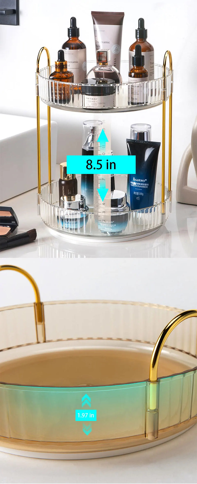 Organizador de maquillaje giratorio para tocador, organizador de 3 niveles para el cuidado de la piel, gran espacio de almacenamiento para encimera de baño, soporte transparente para cosméticos, tocador