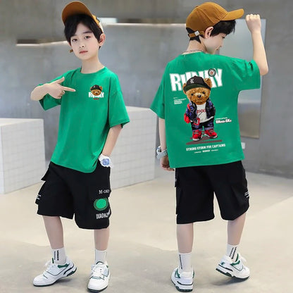 2025 Children's Clothing American Vintage Bear Print Graphic T Shirts Boys Summer Cotton Short-sleeved T-shirt Tops Streetwear
